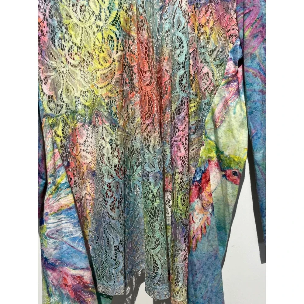Romance Lovegrl Hummingbird Floral Lace‎ Back Open Front Cardigan Multi Color L